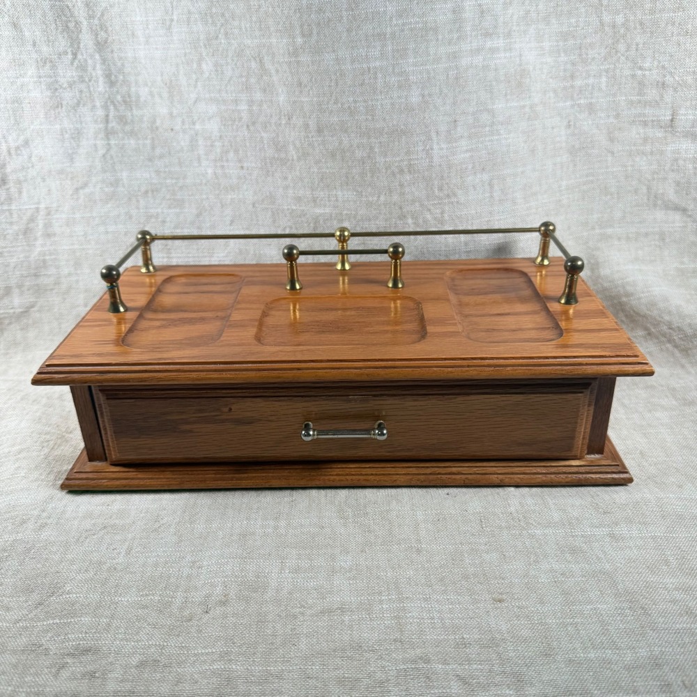 Vintage Wood Desk Organizer Drawer Brass Gallery Rail MCM Office